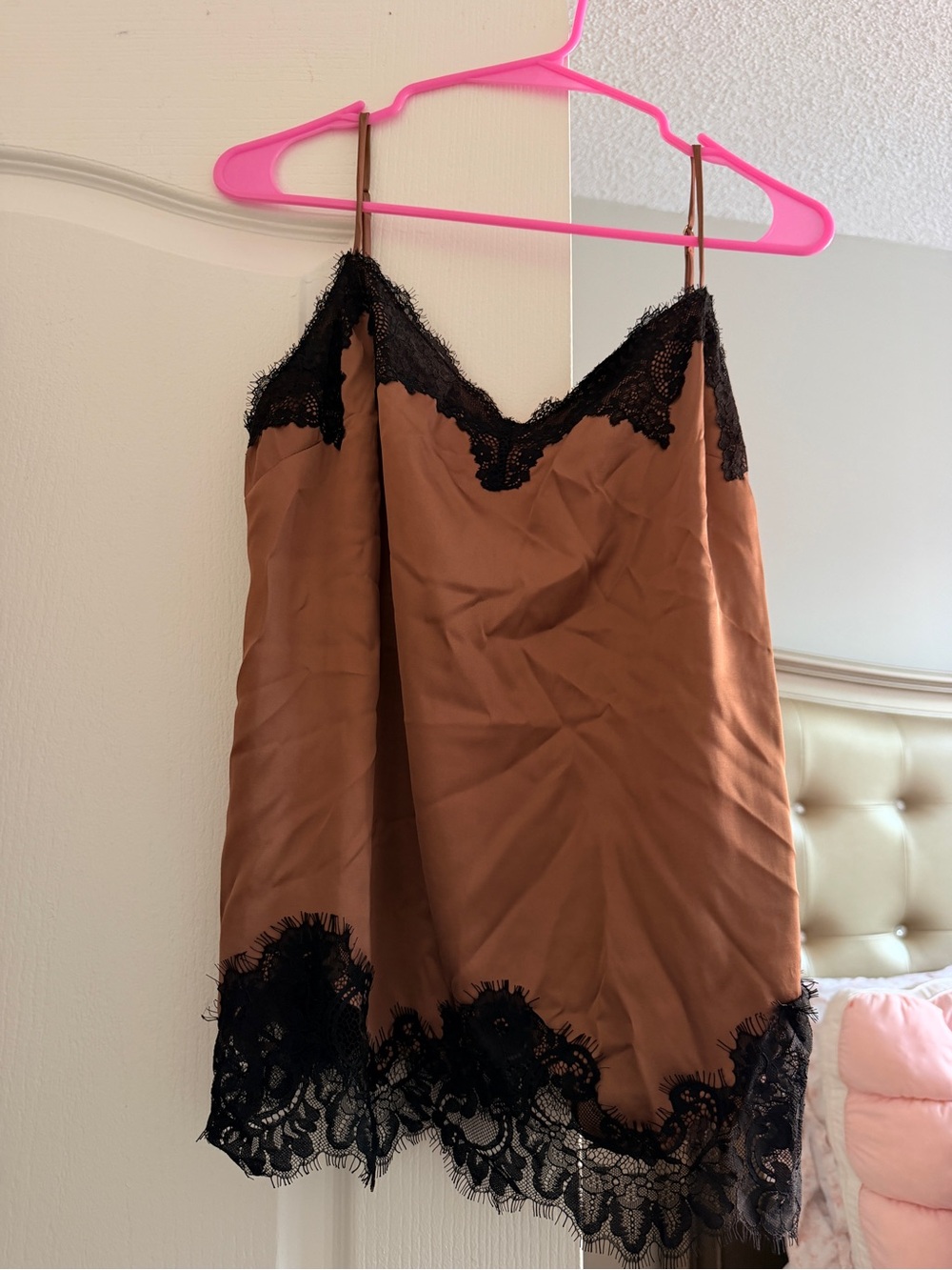Abercrombie & Fitch Brown Satin Slip with Black Lace Trim